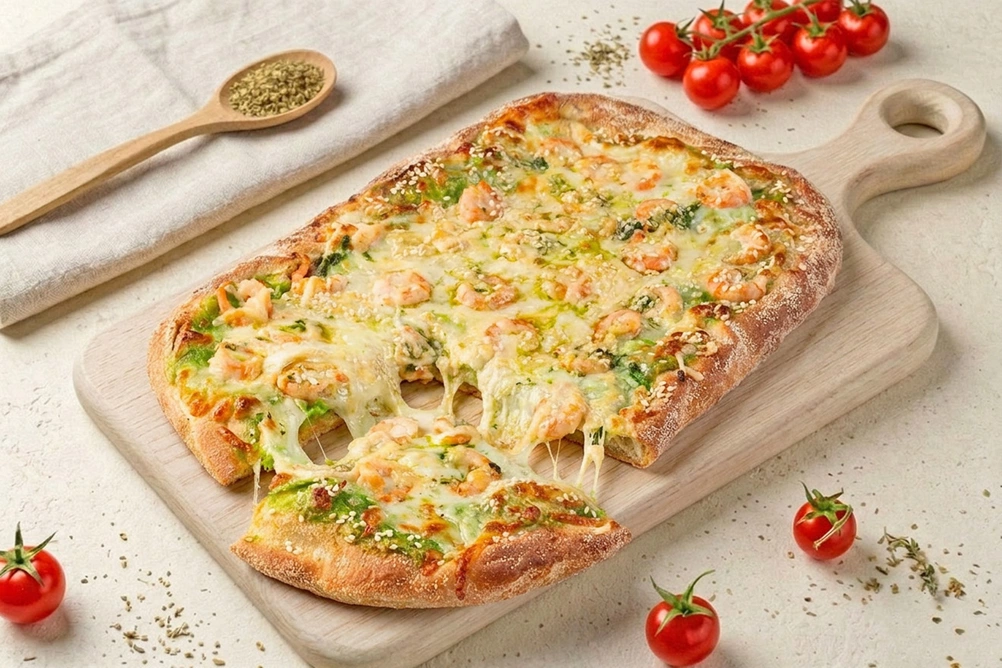 пицца римская креветки с сыром и соусом васаби